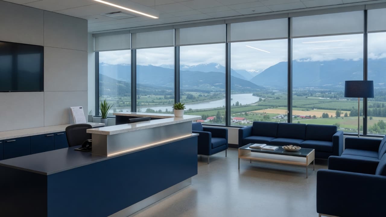 A quiet reception in a B.C. office, valley light through the glass.