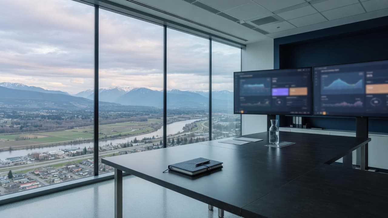 A B.C. office looking over the Fraser Valley. Empty meeting table, dual monitors, mountains beyond the glass.