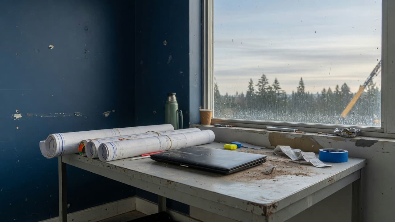 A construction site office table with a closed laptop and plans.