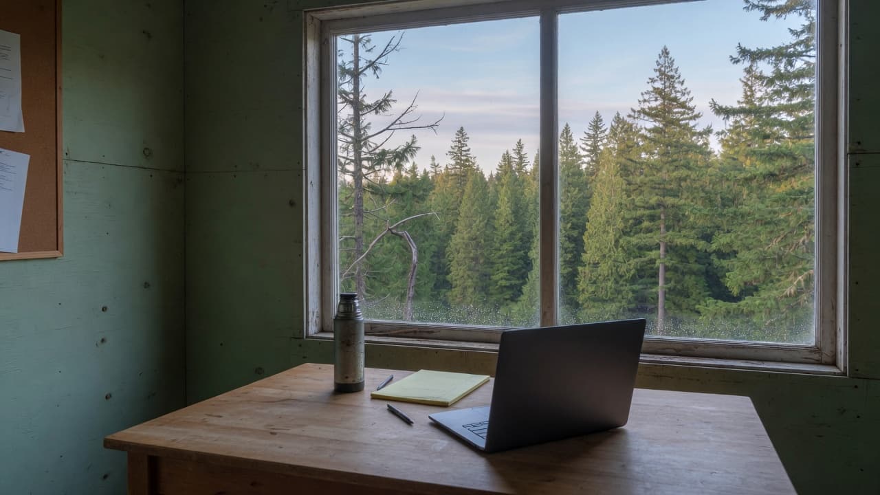 A field-office table and laptop with evergreens and sky in the window.