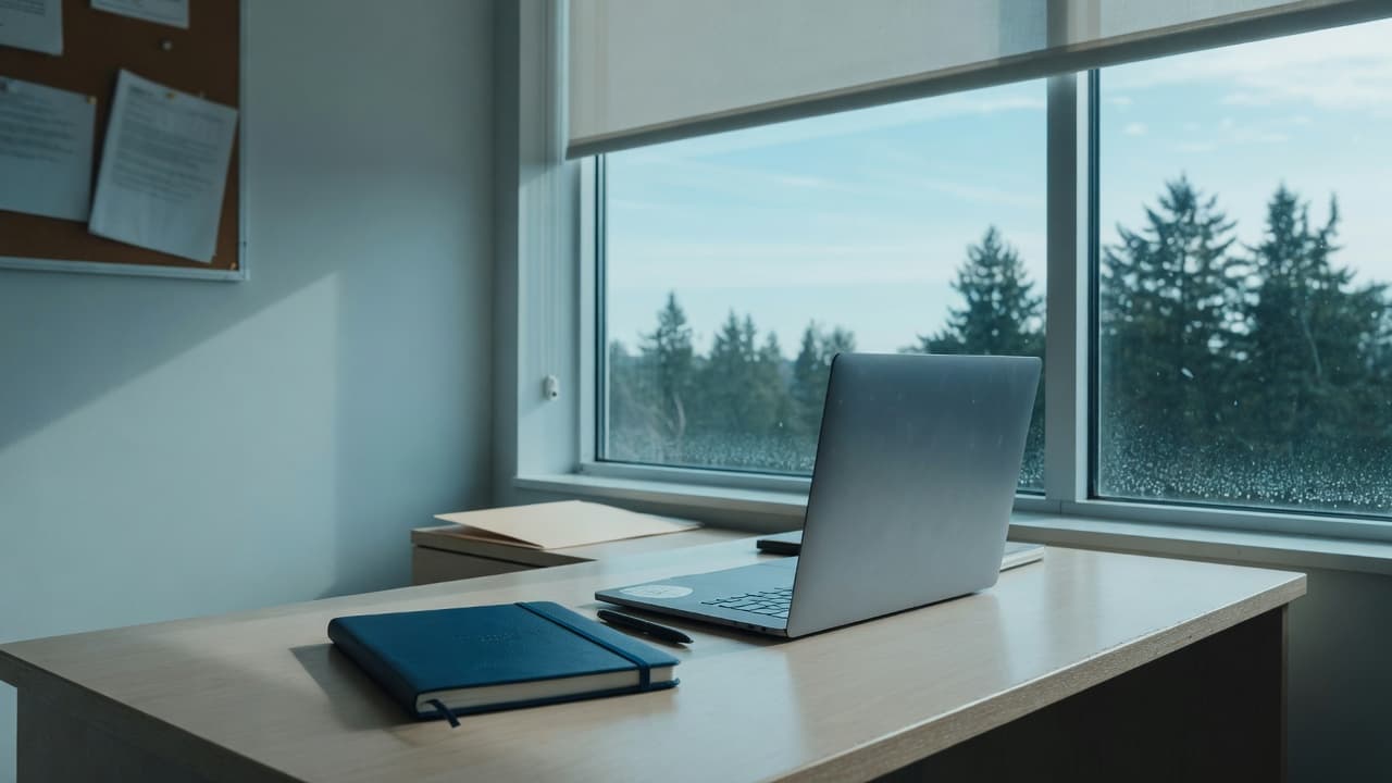 A quiet insurance-office desk beside a window of sky.