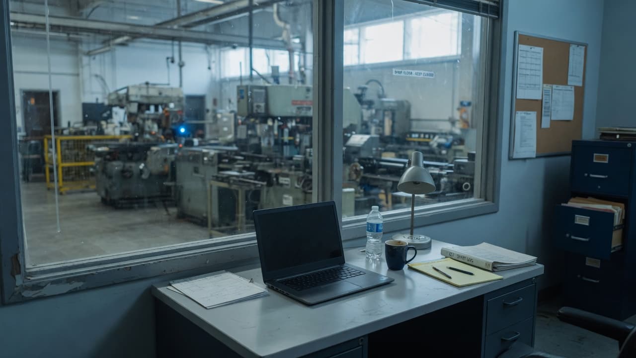 A manufacturing office desk with a shop floor out of focus beyond the glass.