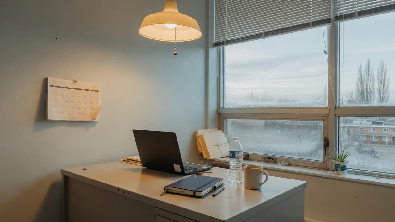 A simple non-profit office desk with a closed laptop and navy notebook.