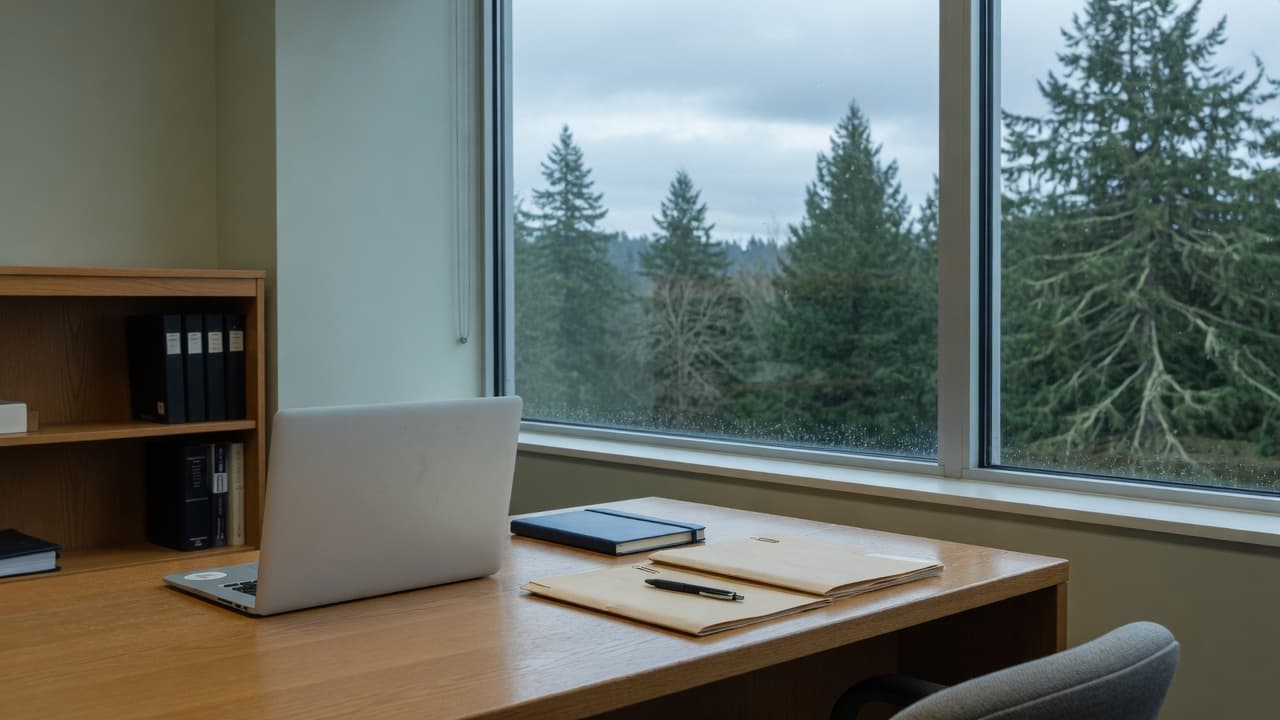 A quiet professional-services desk with a laptop, folders, and a navy notebook beside a window of evergreens.