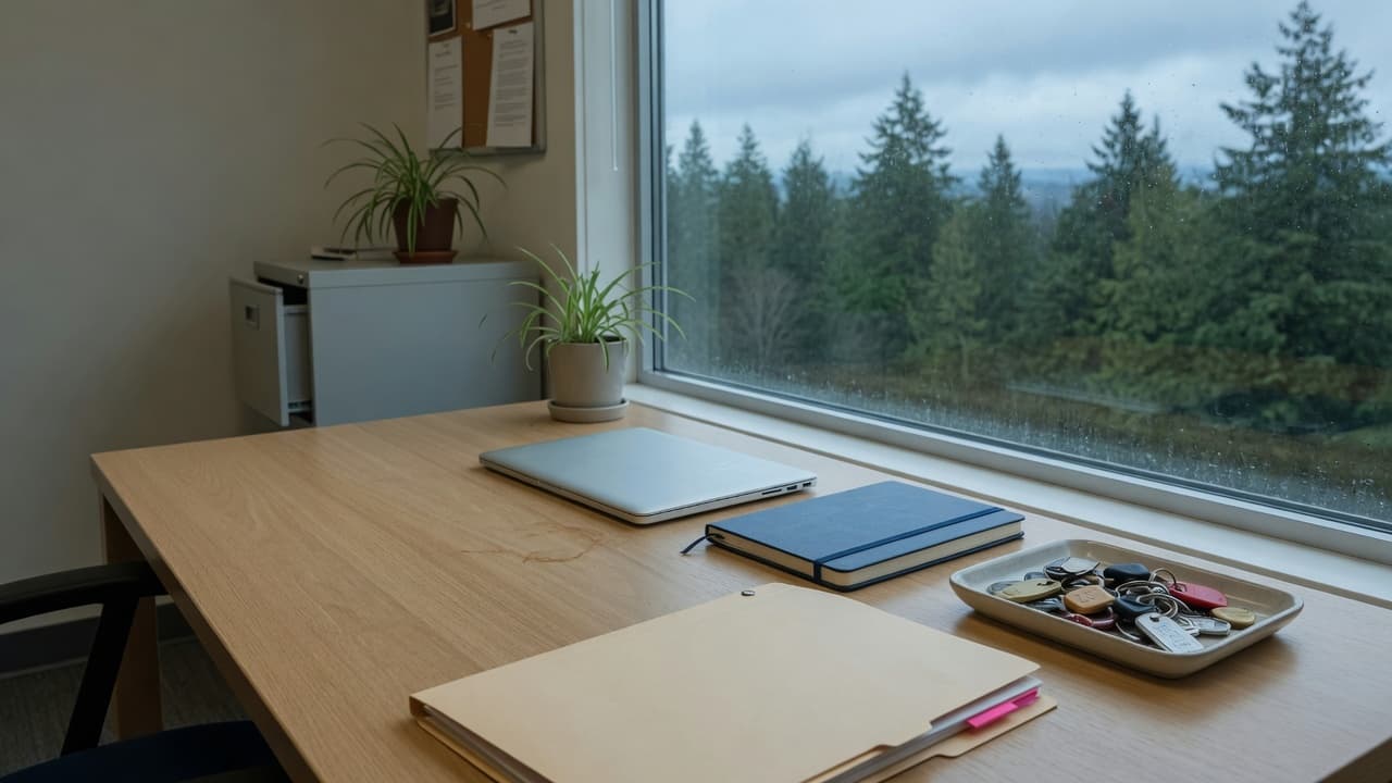 A quiet property-office desk with a closed laptop, a folder, and a tray of key fobs beside a window of evergreens.