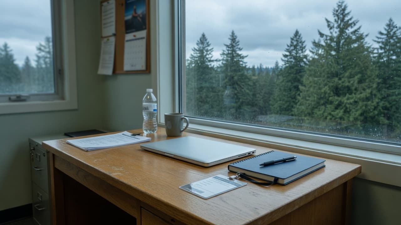 A quiet venue operations desk with a closed laptop, a staff pass, and a notebook beside a window of evergreens.