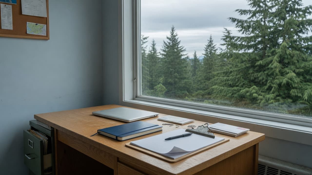 A quiet shop-office desk with a closed laptop and a clipboard beside a window of evergreens.