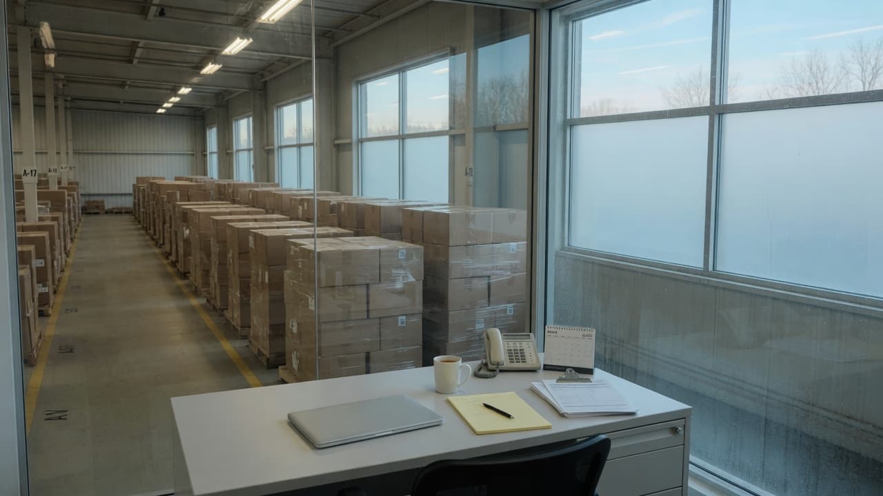 A warehouse office desk looking onto a tidy aisle of cartons.