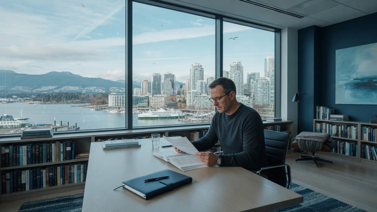 A reader at a desk of books and briefs, harbour and mountains in the windows.