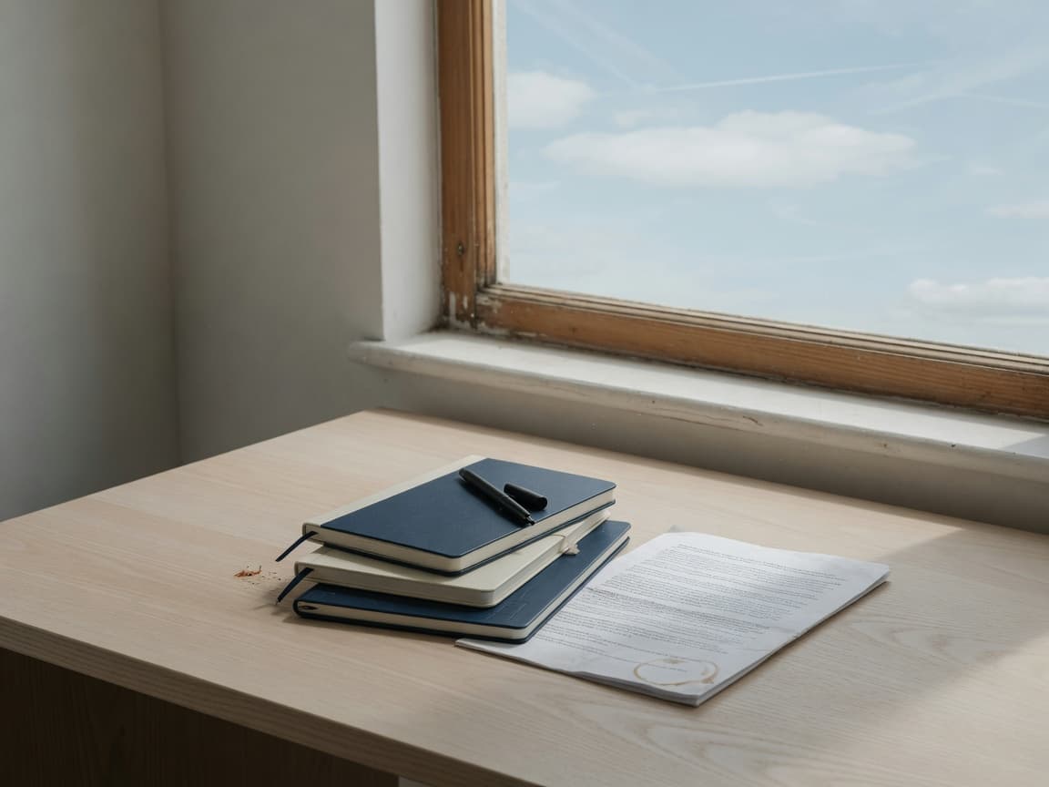 A stack of navy notebooks and a printed brief on a desk beside a window of sky.