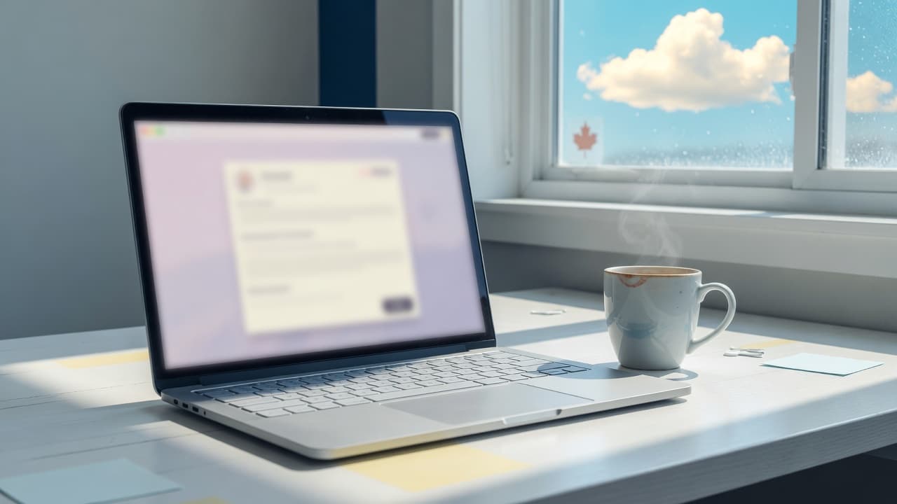 An open laptop on a sunlit desk in front of a window with clouds.