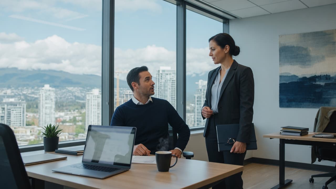 Two professionals talking in a glass office overlooking mountains and a British Columbia city.