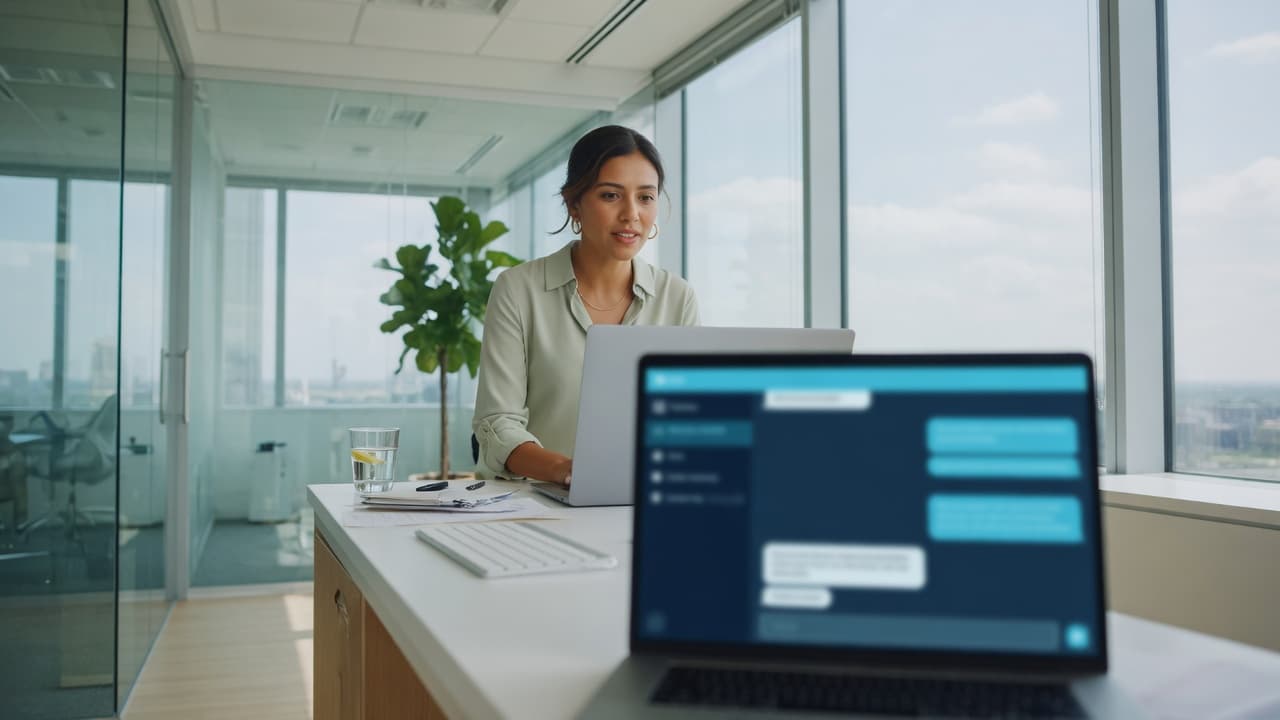 A professional at a standing desk with a laptop, city and sky in the windows.