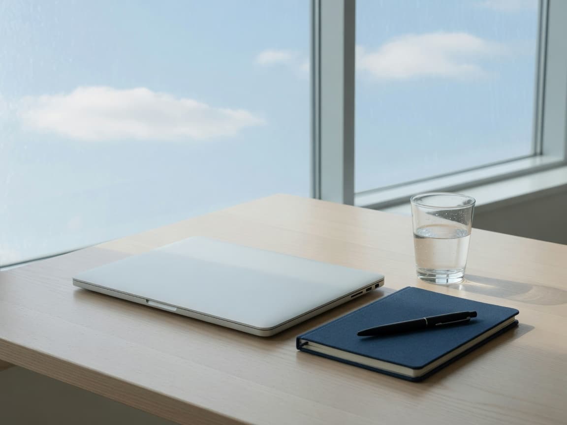 A closed laptop, navy notebook, and glass of water on a desk beside a window full of sky.