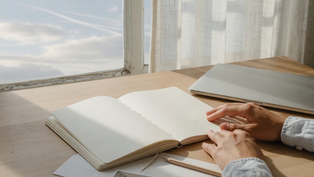Hands on an open notebook at a sunlit table, laptop closed beside it.
