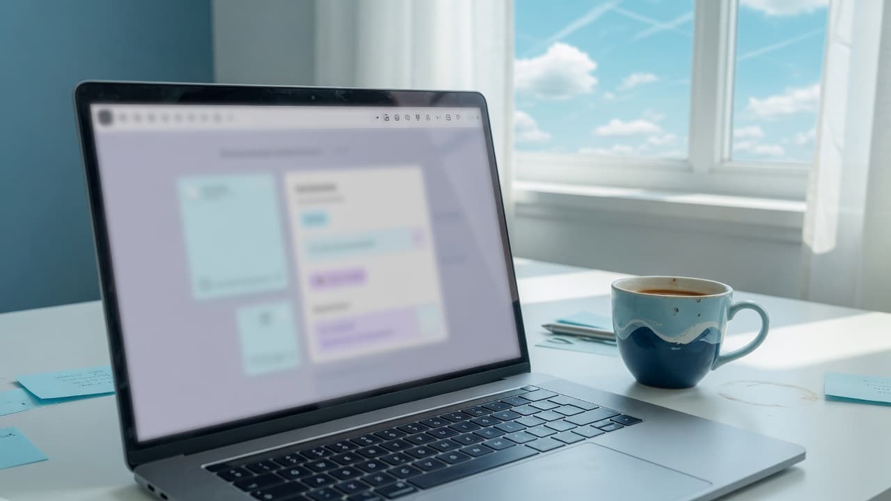 An open laptop on a sunlit desk in front of a window of clouds.