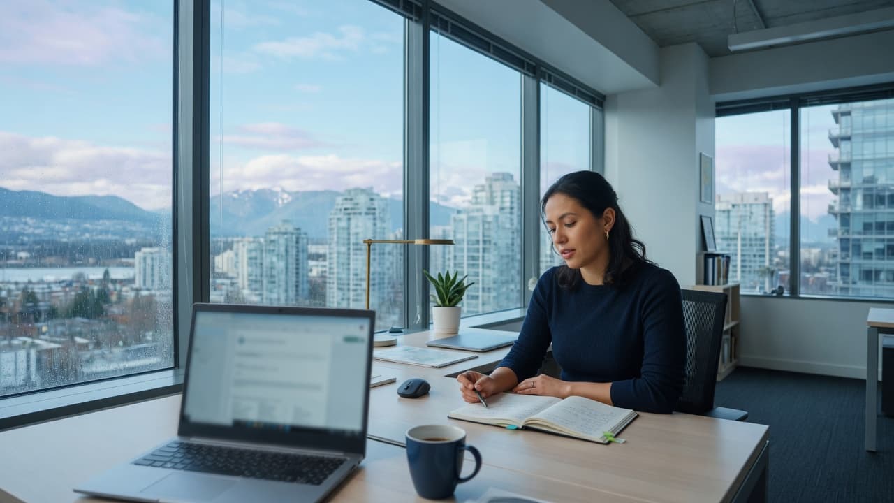 An engineer writing in a notebook at a desk overlooking mountains and a British Columbia city.