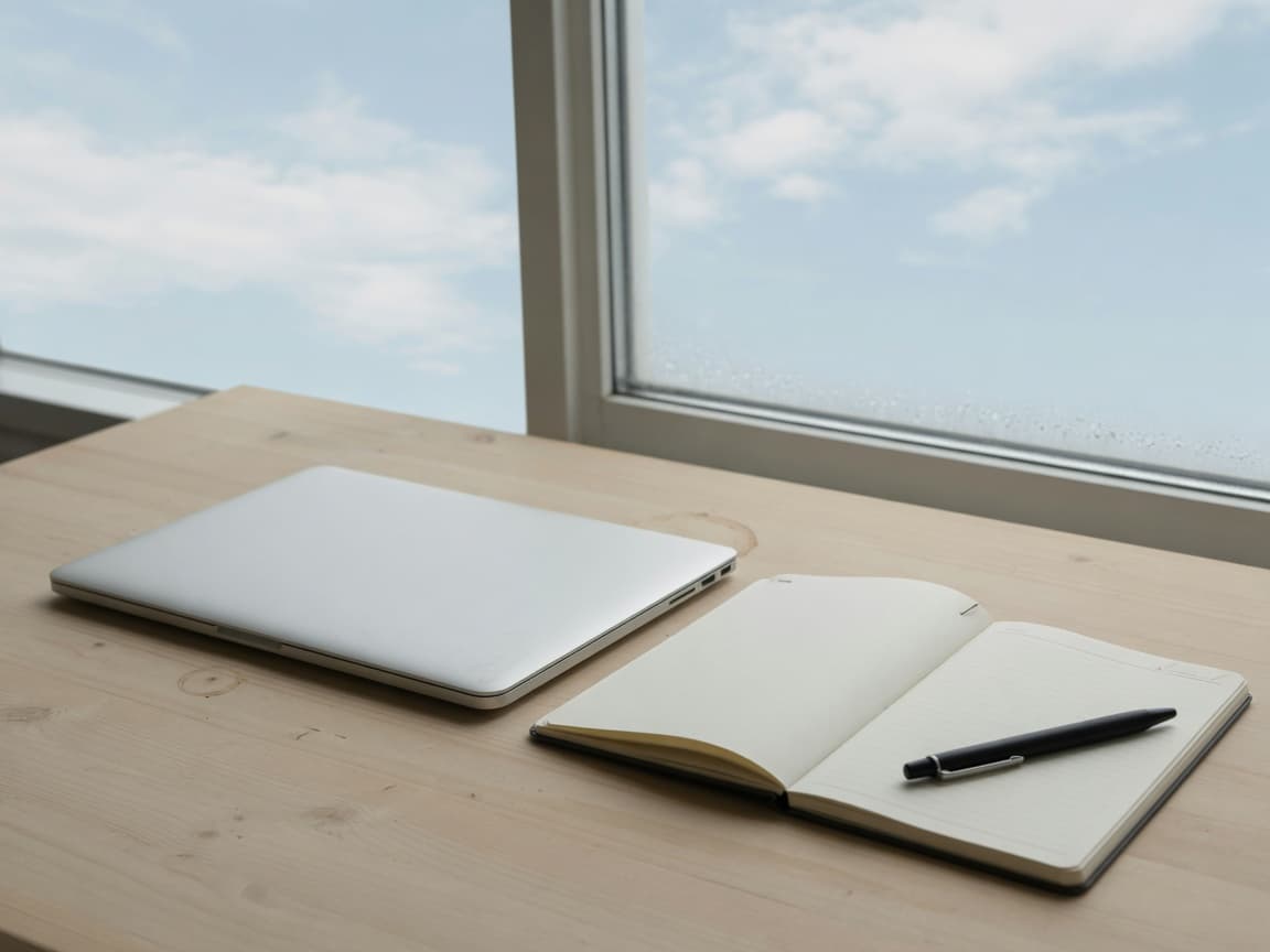 A closed laptop and an open notebook on a desk beside a window of sky.