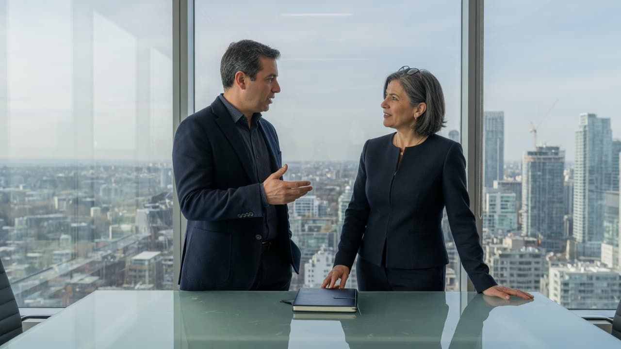 Two professionals talking at a glass table with a city in the windows.