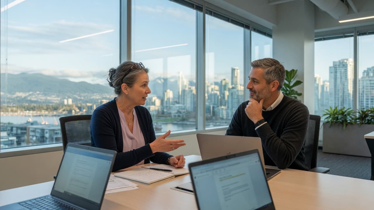 Two professionals talking at a table with two laptops, mountains and a harbour city in the windows.