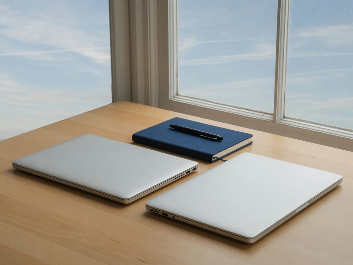 Two closed laptops and a navy notebook on a desk beside a window of sky.