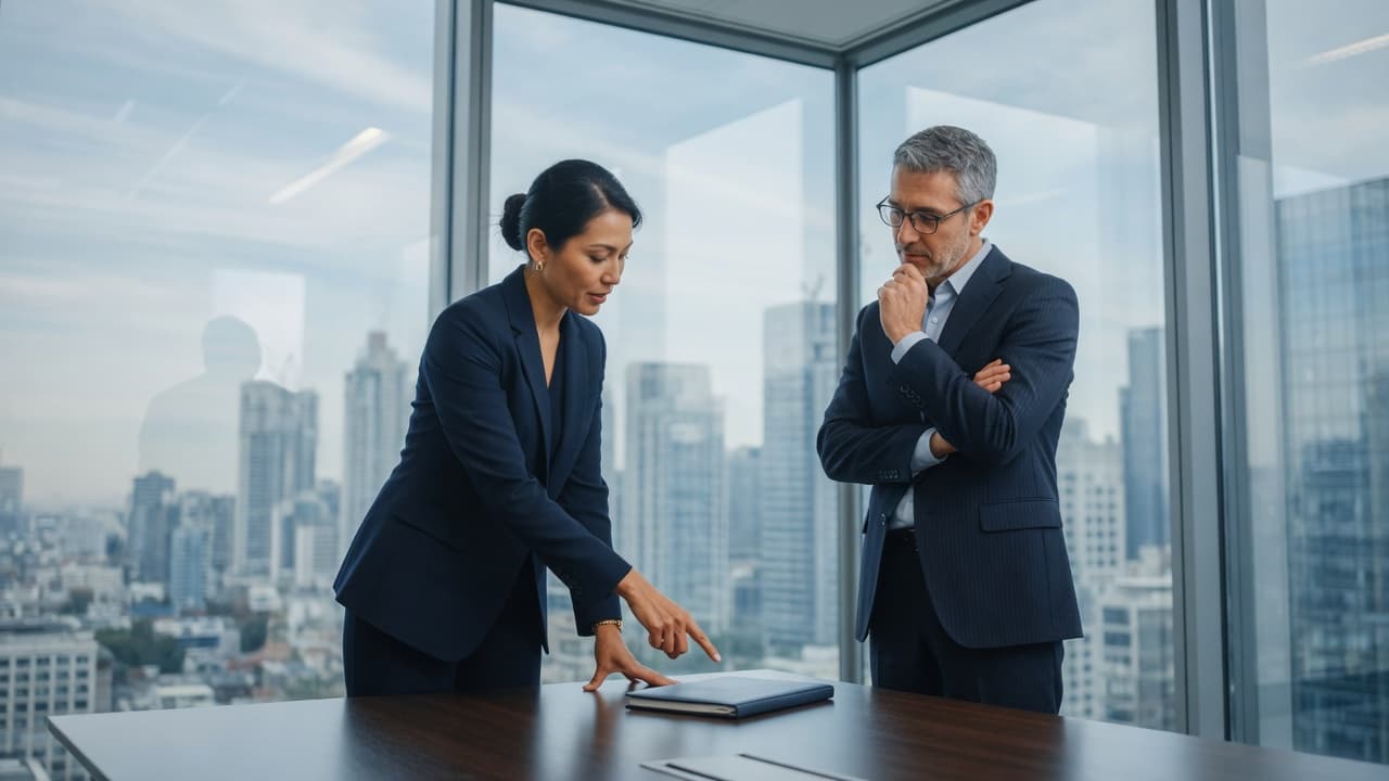 Two professionals reviewing a folder in a glass office above a city.