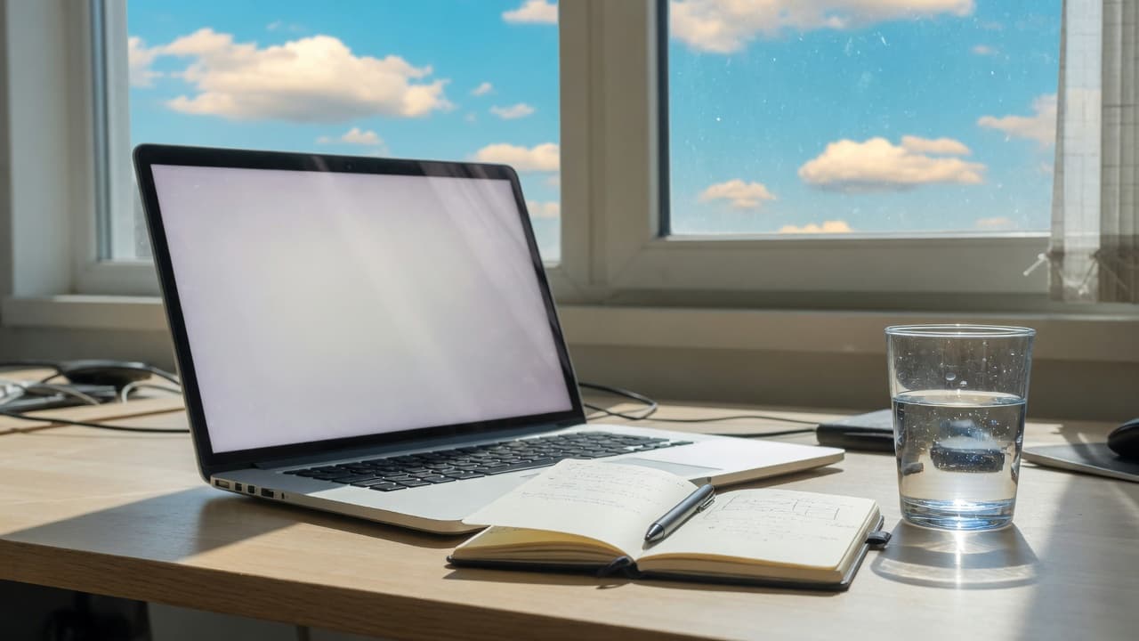 An open laptop and notebook on a sunlit desk in front of a sky-filled window.