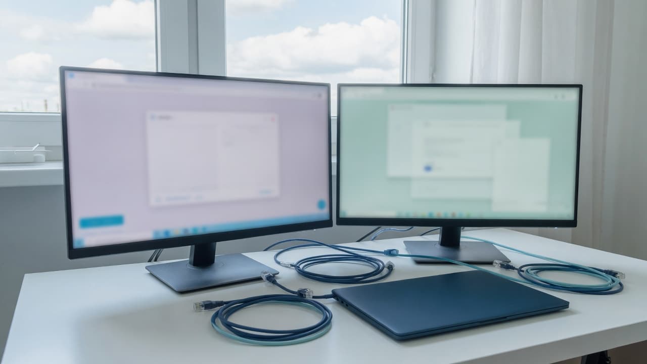 Two monitors and network cables on a desk in front of a window of clouds.