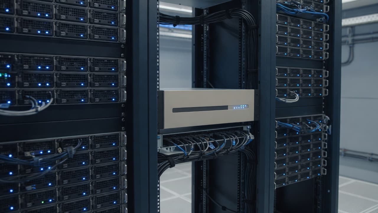 A quiet server room with backup appliances and cool status lights.