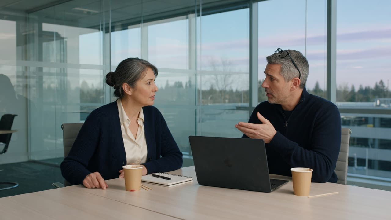 Two professionals talking across a table in a glass-walled office.