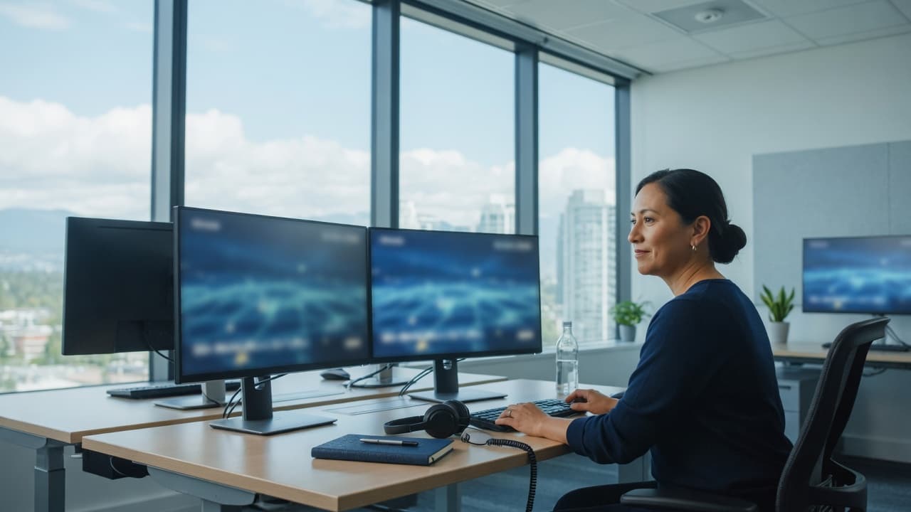 A help-desk station with dual monitors and a headset beside a bright window.