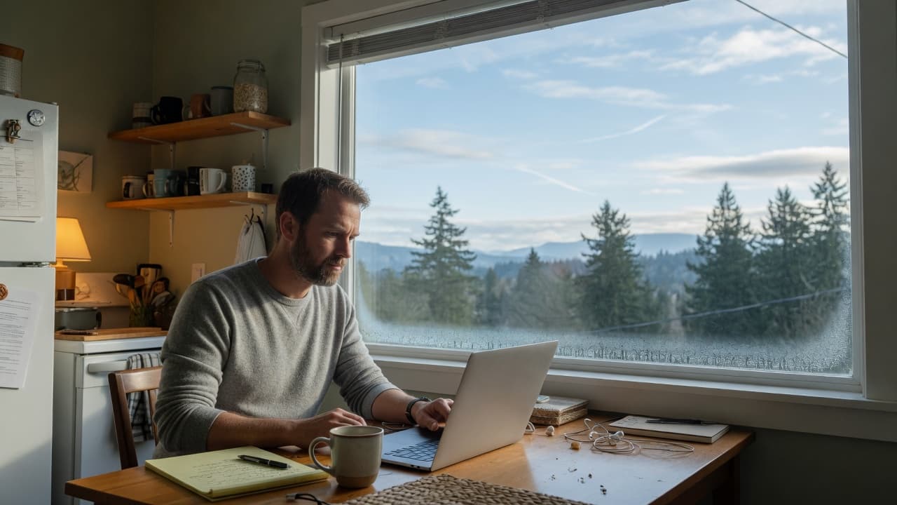 A person working on a laptop at a kitchen table with evergreens and sky outside.