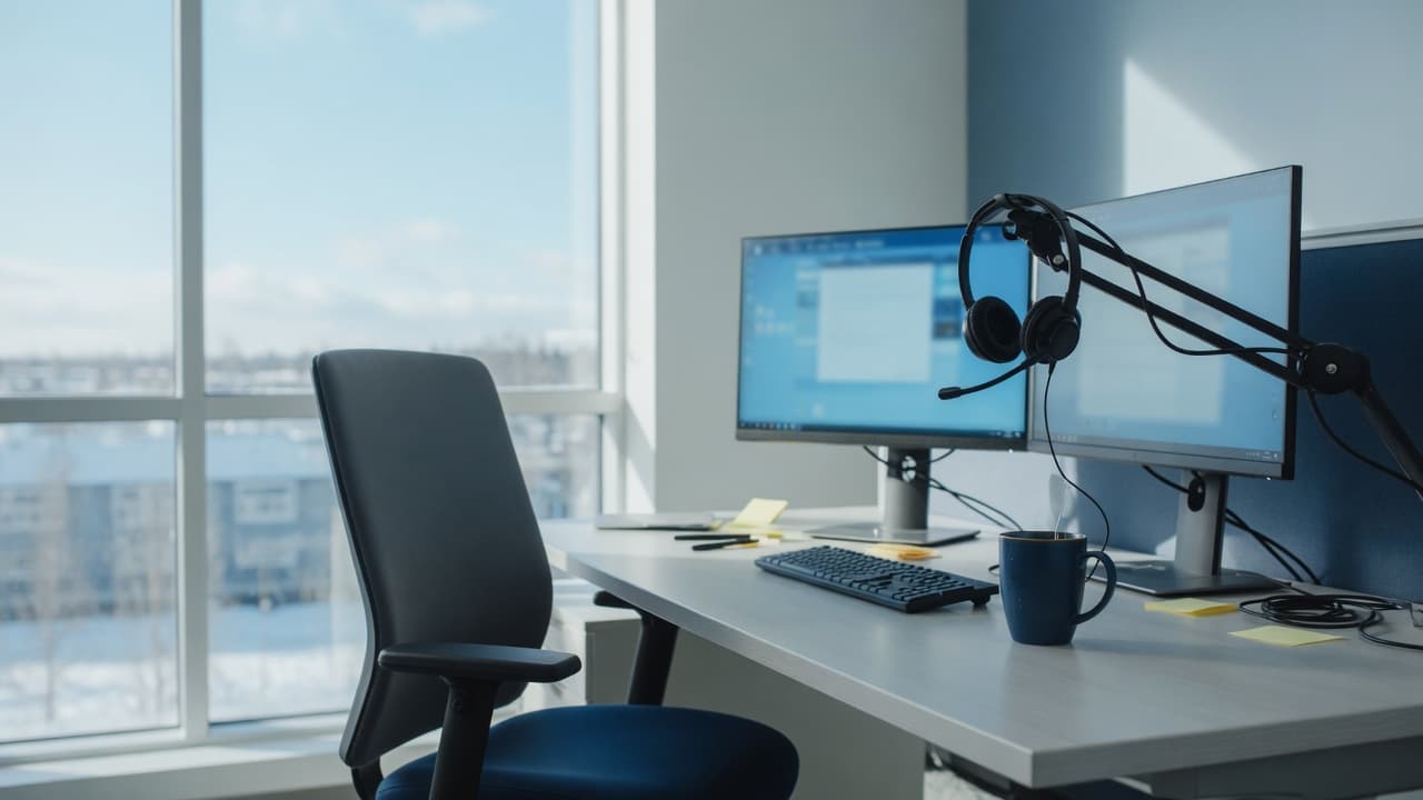 A help-desk station with a headset and dual monitors beside a bright window.