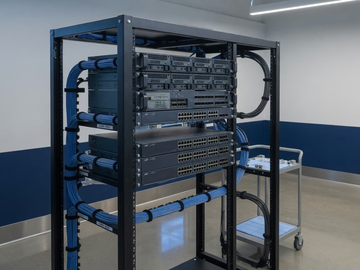 A rack of spare servers, routers, and network switches ready as loaner equipment.
