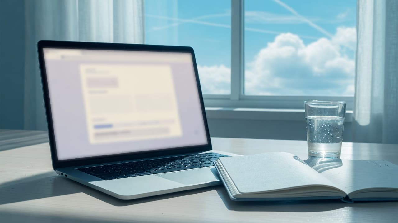 A laptop and notebook on a sunlit desk in front of a window full of clouds.