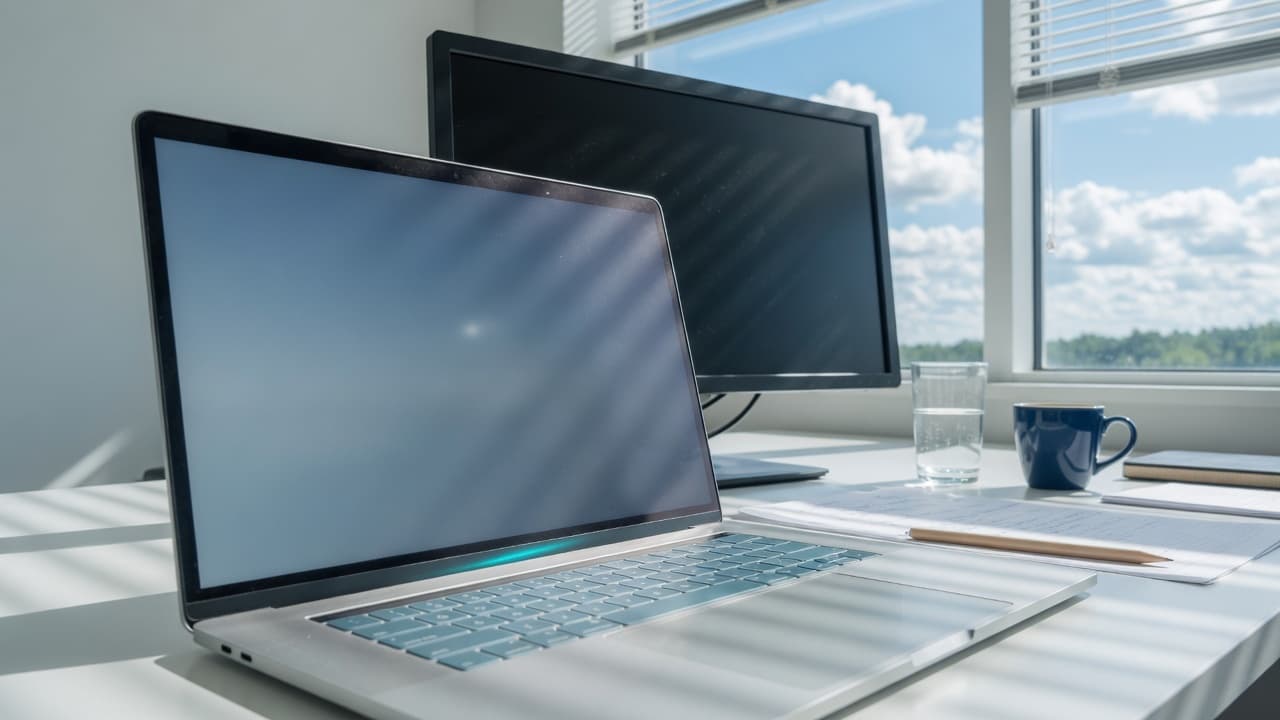 An open laptop on a sunlit desk with clouds in the window.