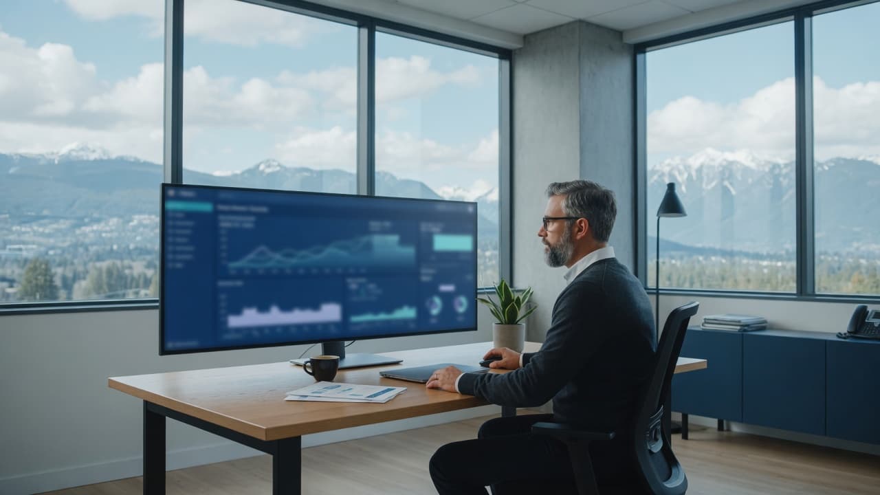 A security specialist at a wide monitor in a British Columbia office with mountains and sky in the windows.