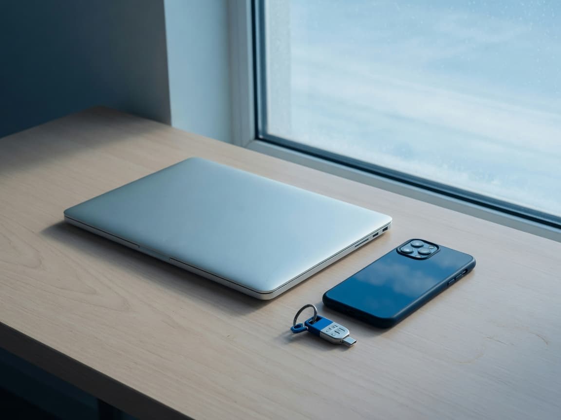 A closed laptop, smartphone, and hardware security key on a desk beside a window of sky.