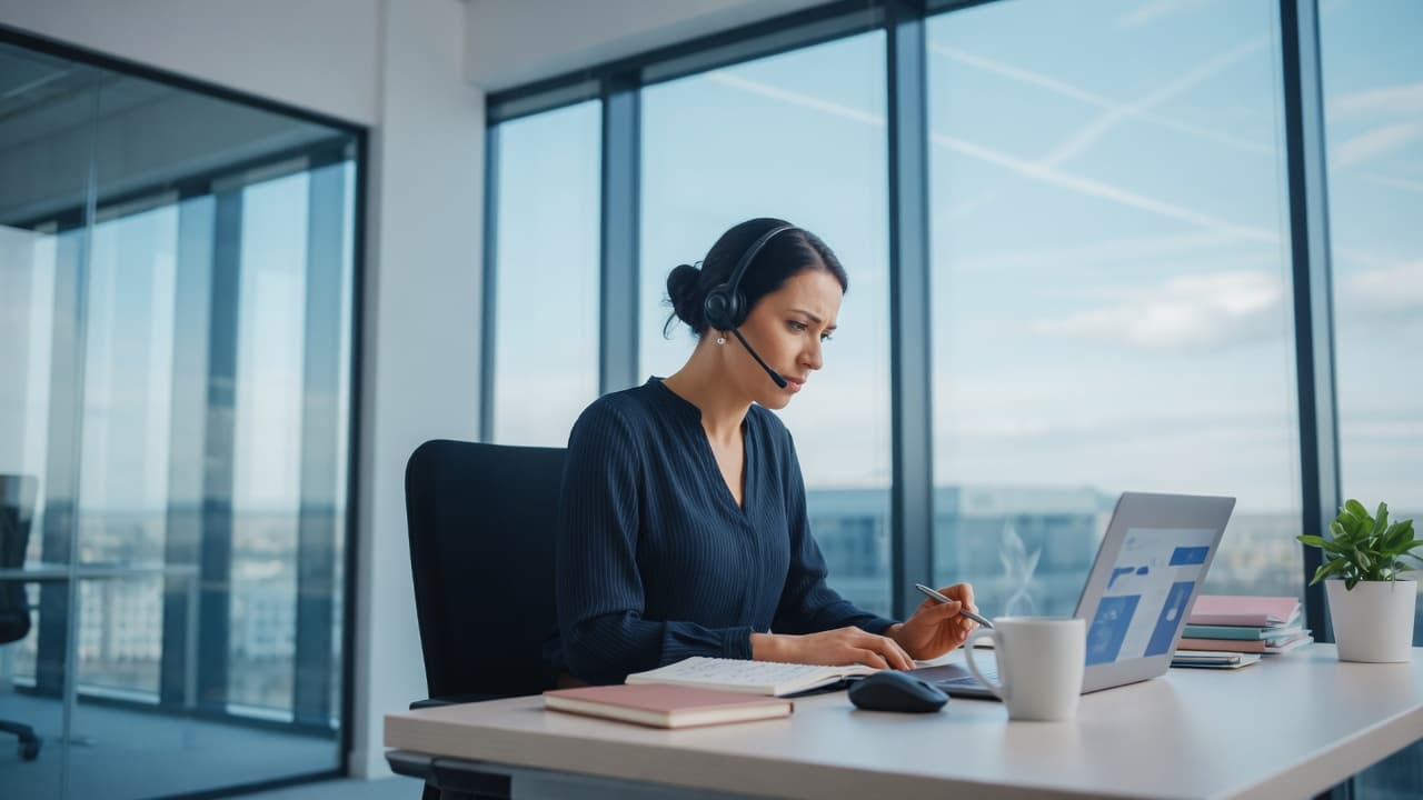 A specialist on a headset at a desk in a bright office.