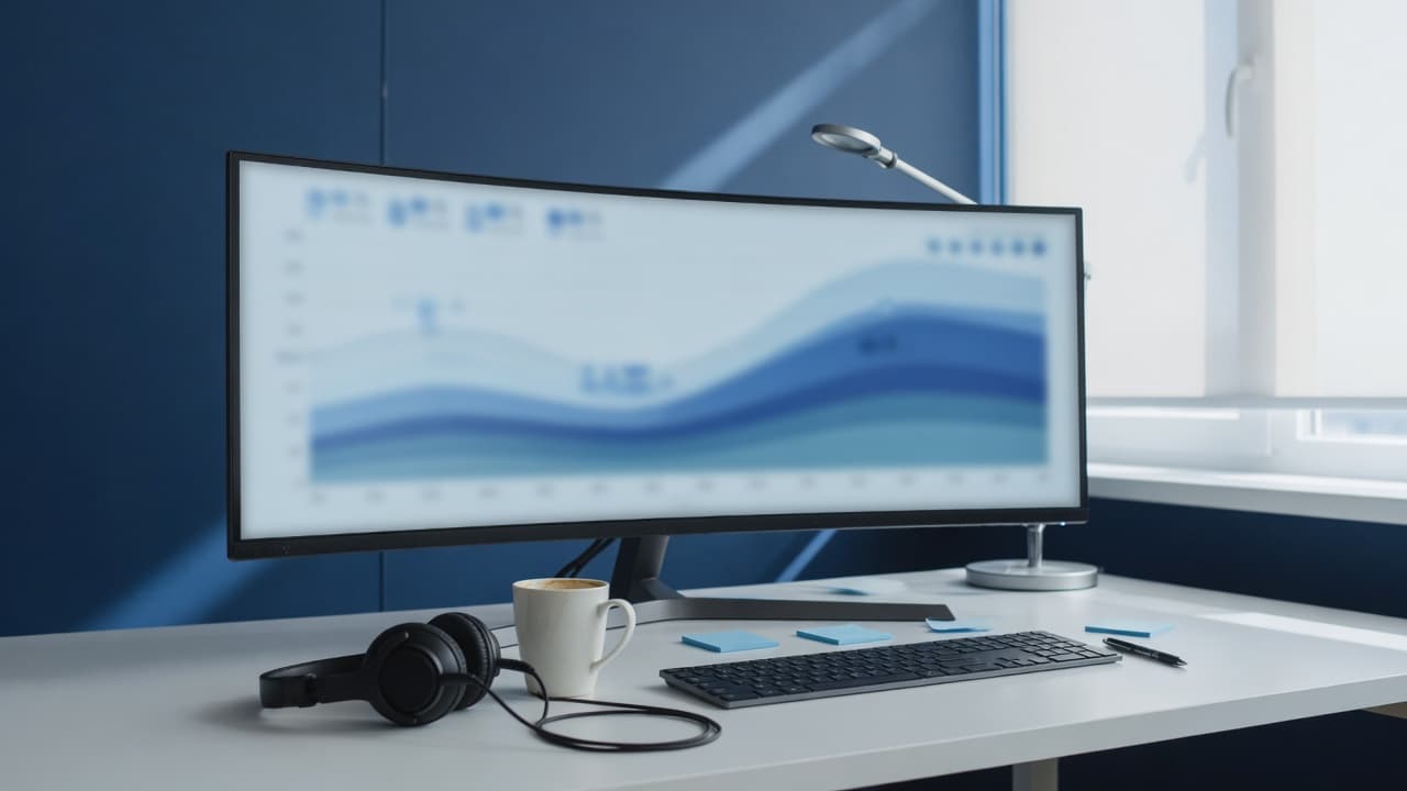 A quiet monitoring desk with a wide display and a headset.