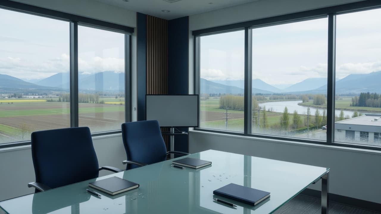 An empty meeting table in a B.C. office, valley light through the glass.