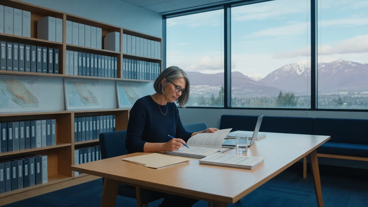A professional reviewing a report at a table, mountains and sky in the windows.