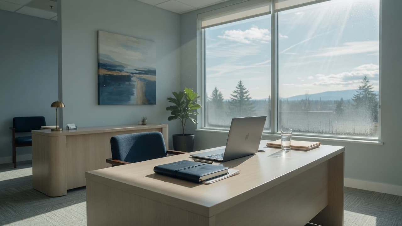 A quiet insurance-office desk with a laptop and notebook beside a window of sky and evergreens.