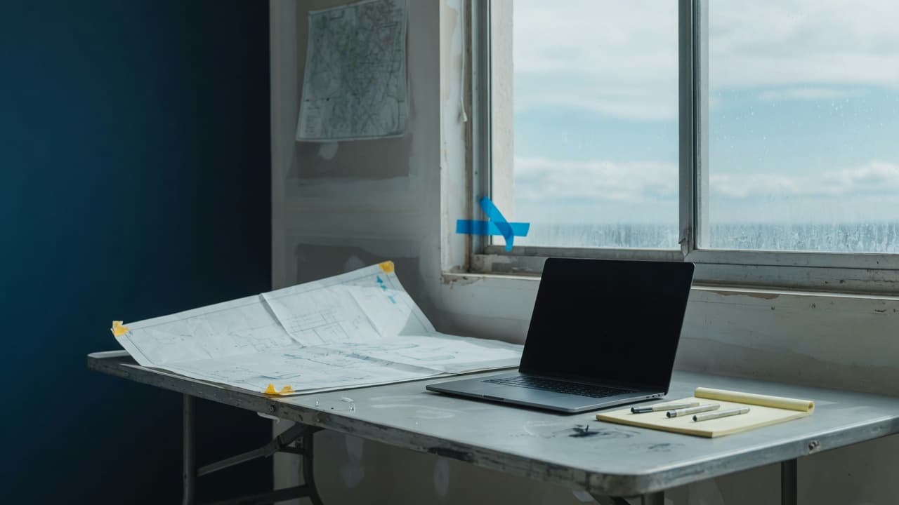A job-site table with a laptop and plans beside a window of sky.
