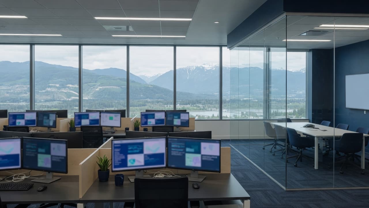 A B.C. professional services floor with empty workstations and valley light through the glass.