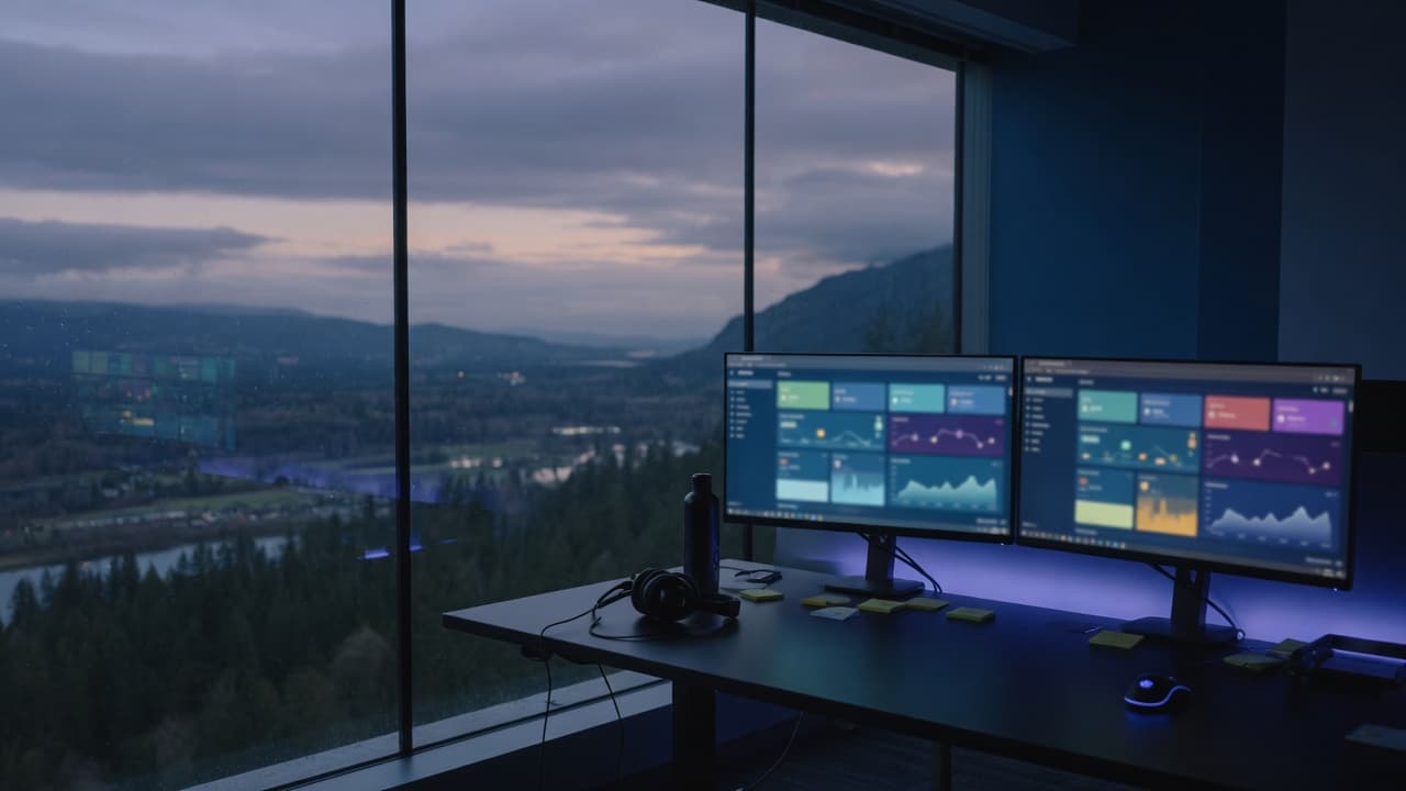 A quiet help-desk station at dusk. Dual monitors and a headset, valley light beyond the glass.